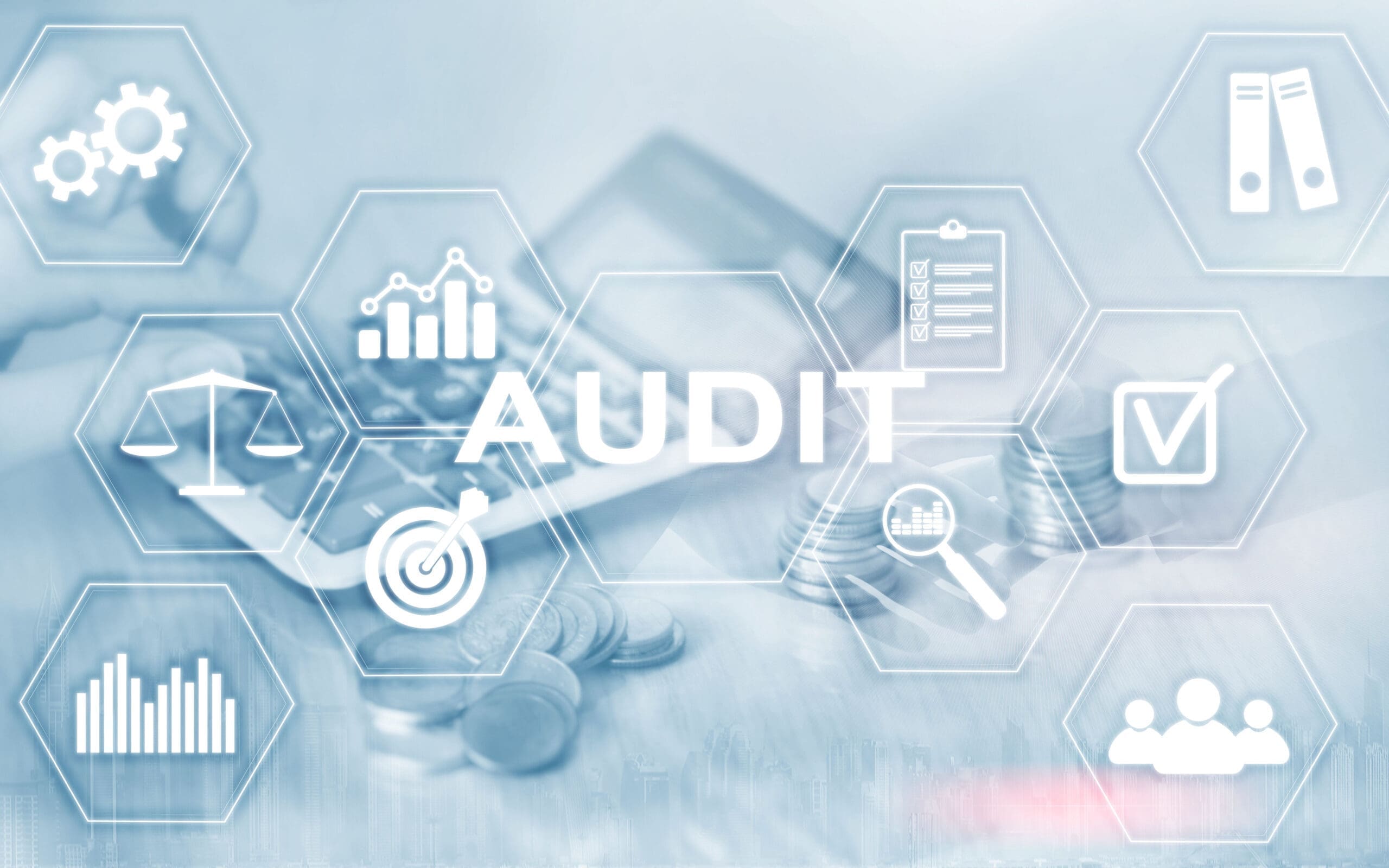 Audit Finance banking concept. Double Exposure Coins Financial and Business background.